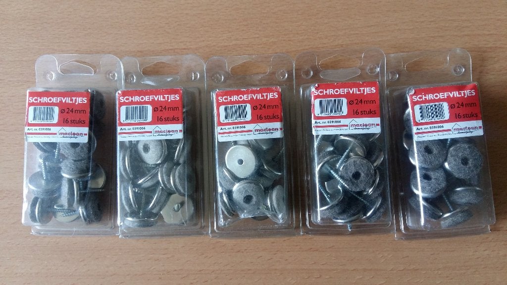 5 doosjes á16 stuks viltglijder Ø 24 mm met schroef +1 extra, Ophalen, Nieuw, Metaal, Grijs