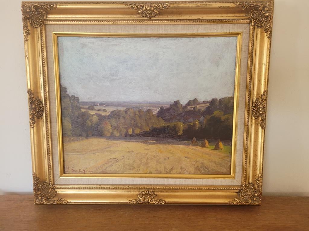 Schilderij olieverf op paneel landschap met hooibergen, Antiek en Kunst, Kunst | Schilderijen | Klassiek, Ophalen of Verzenden