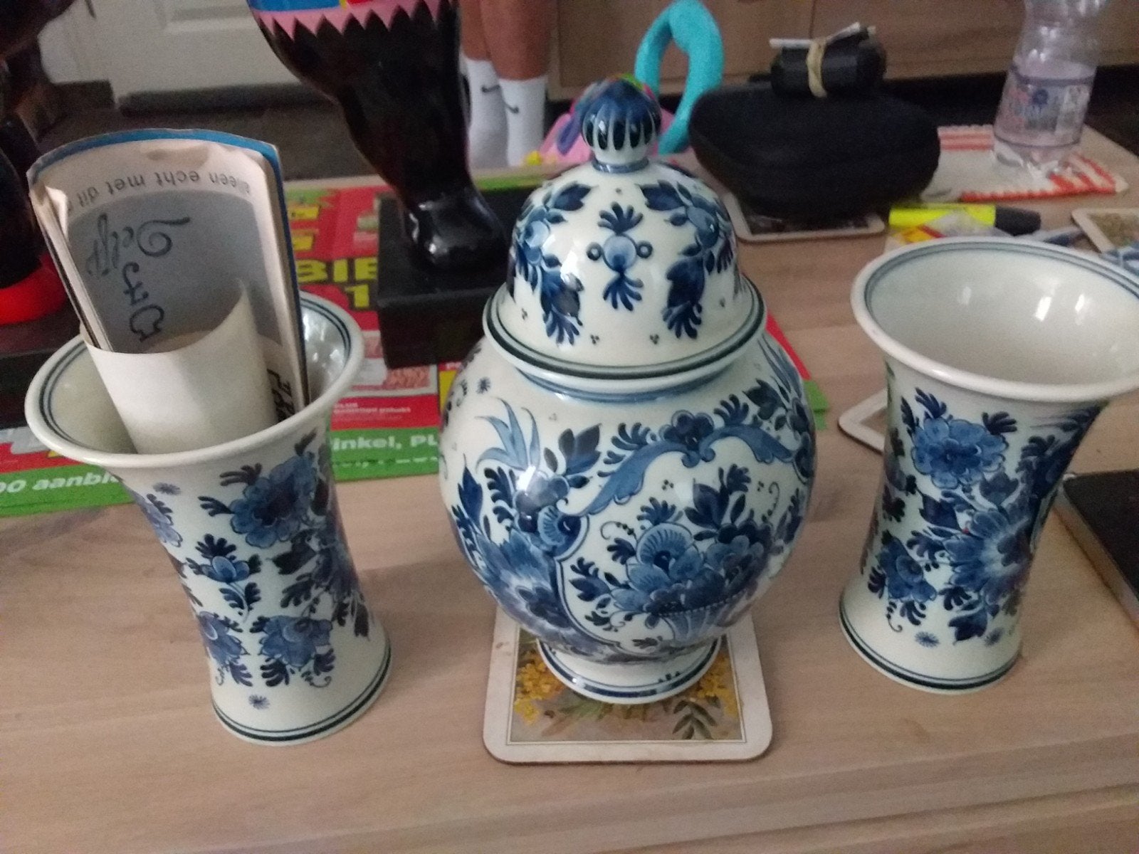 Set  3 Zenith Delfts Blauw vazen en dekselpot, handgeschil, Antiek en Kunst, Ophalen of Verzenden