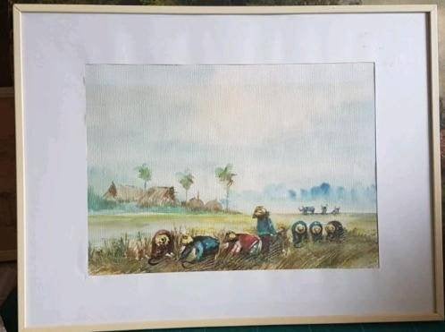 Aquarel Thailand gesigneerd Sompang (?), Antiek en Kunst, Kunst | Schilderijen | Klassiek, Ophalen