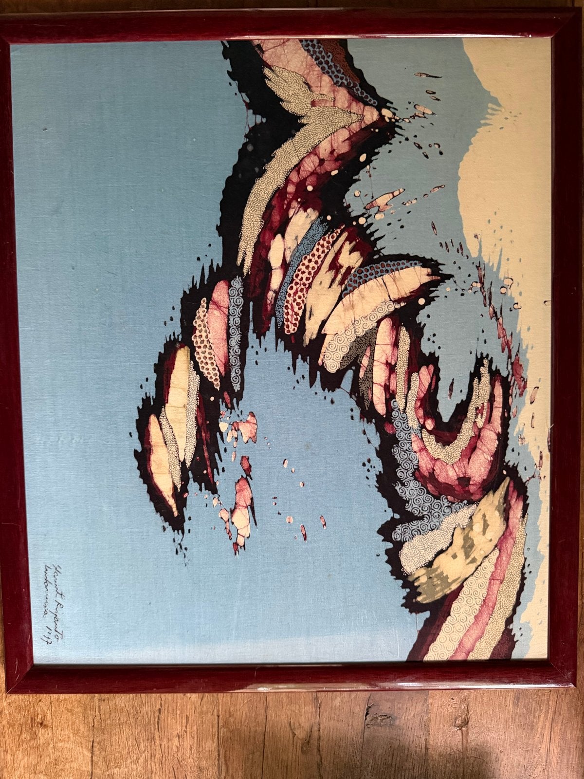 Batik schilderij van Slamet Riyanto, Indonesië 1977, Abstract, Ophalen of Verzenden, Gesigneerd, Gemengde techniek