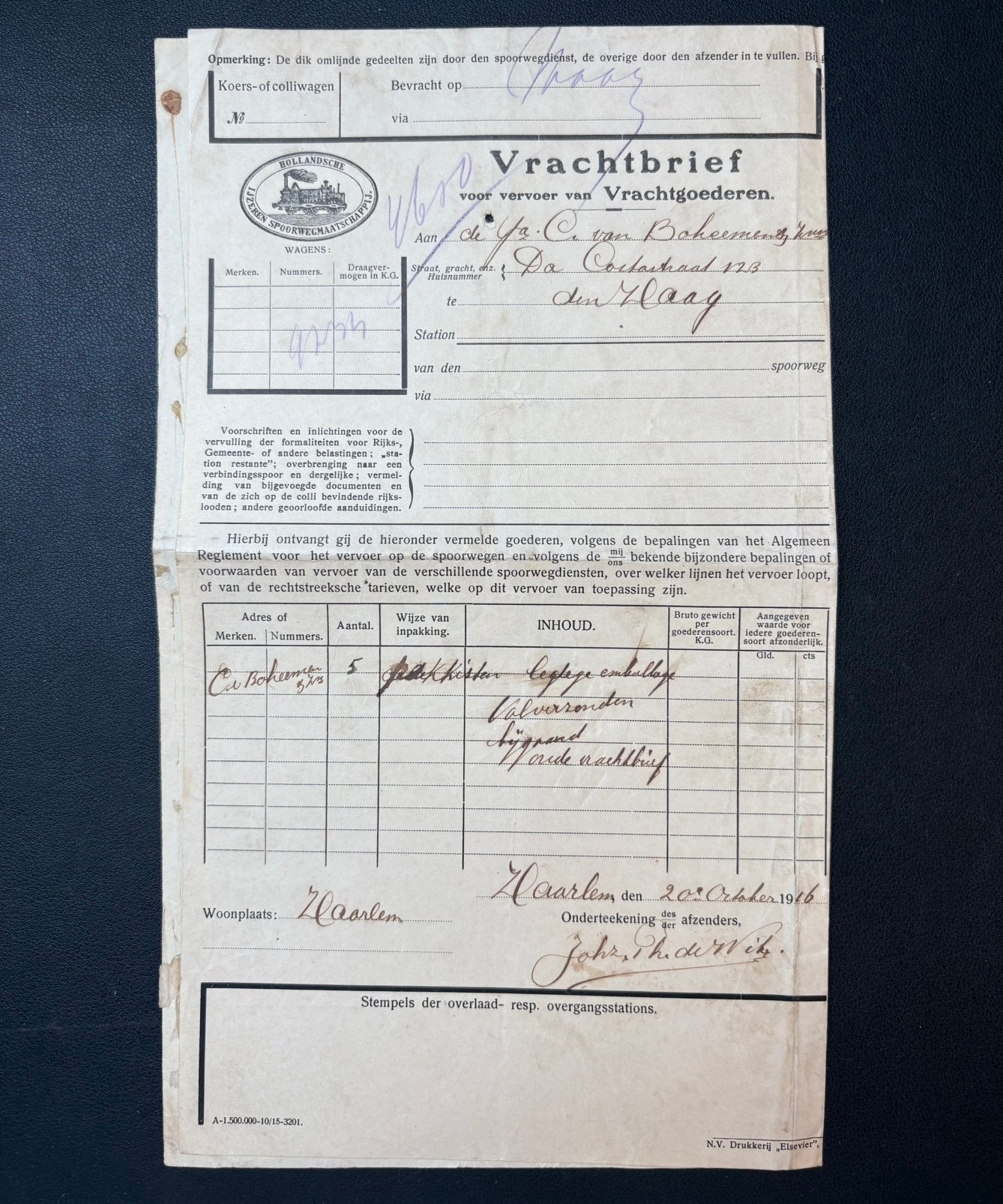 Vrachtbrief HIJSM emballage van Haarlem naar Den Haag (1916), Ophalen of Verzenden, Gebruikt, Trein