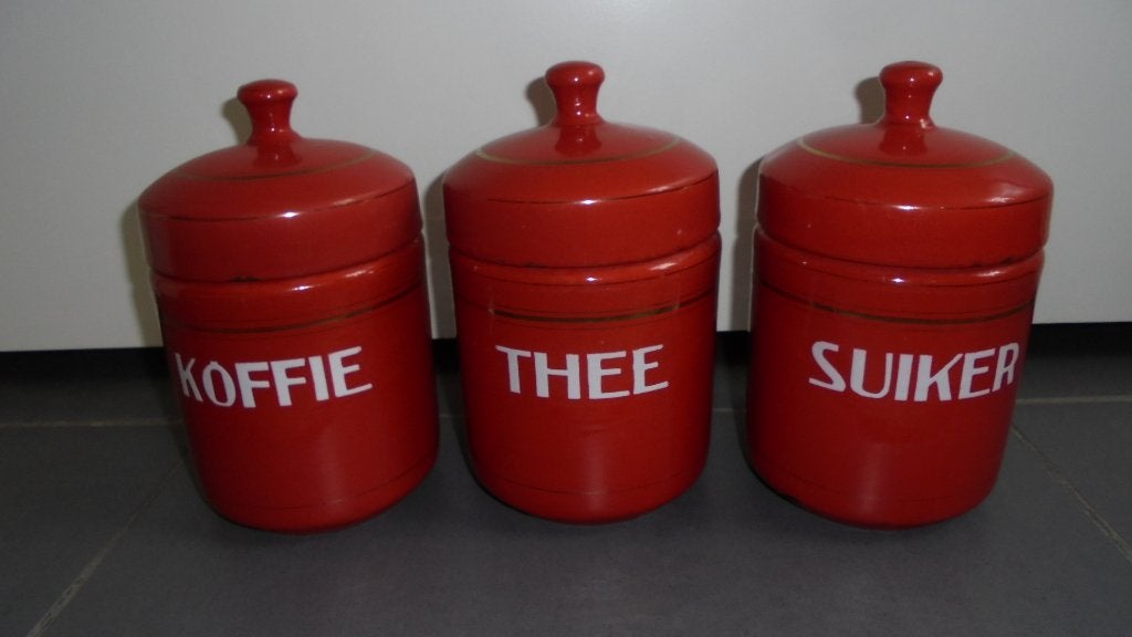 rood emaille koffie thee suikerbussen met bies & knopdeksels, Ophalen