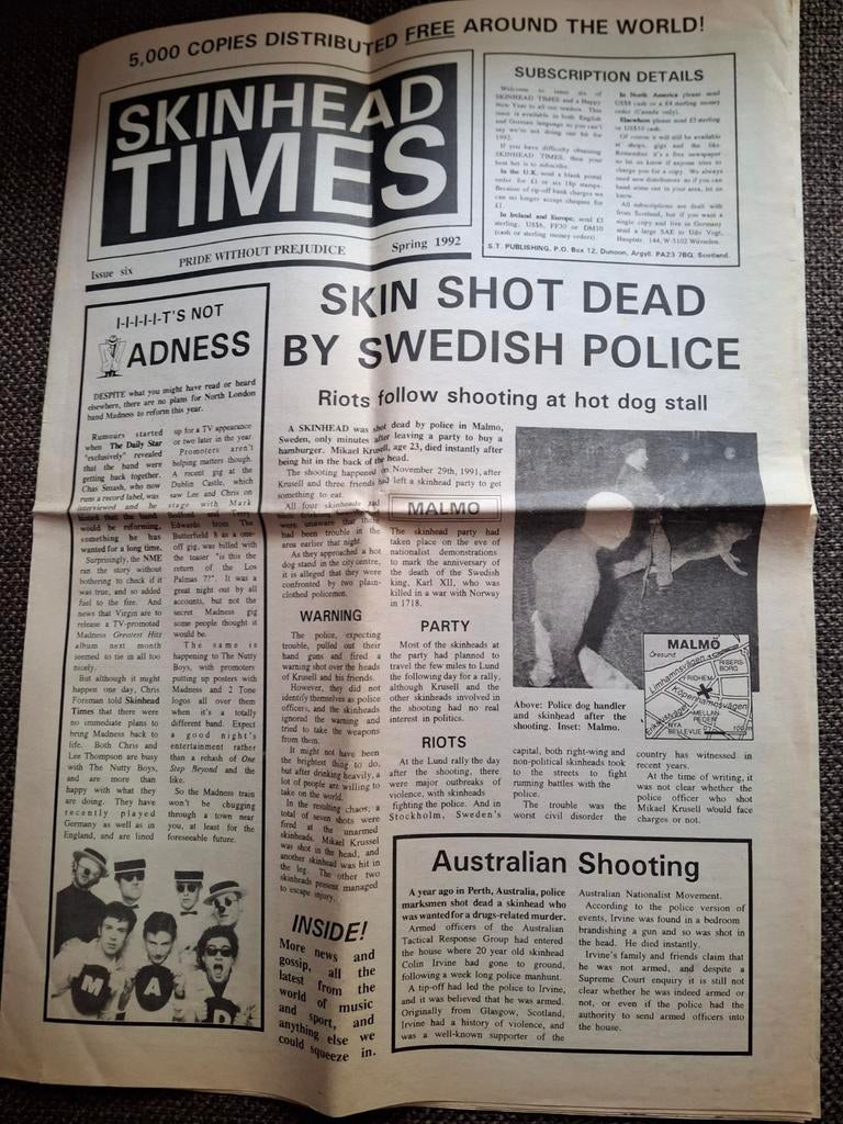 Skinhead times krant voor skinheads 1992 issue six, Ophalen of Verzenden, 1980 tot heden, Krant