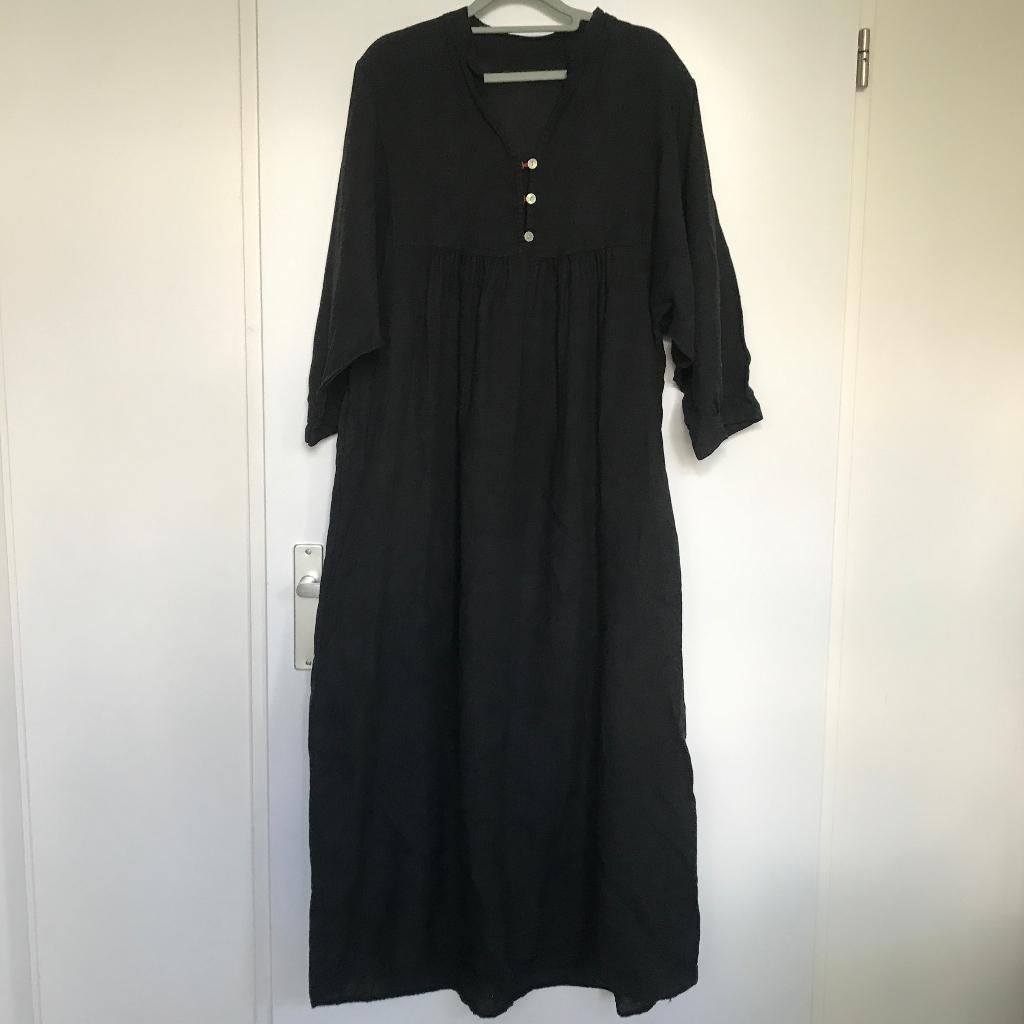 Lange zwarte linnen jurk 100% linnen Made in Italy, Kleding | Dames, Jurken, Verzenden, Zo goed als nieuw, Zwart, Onder de knie