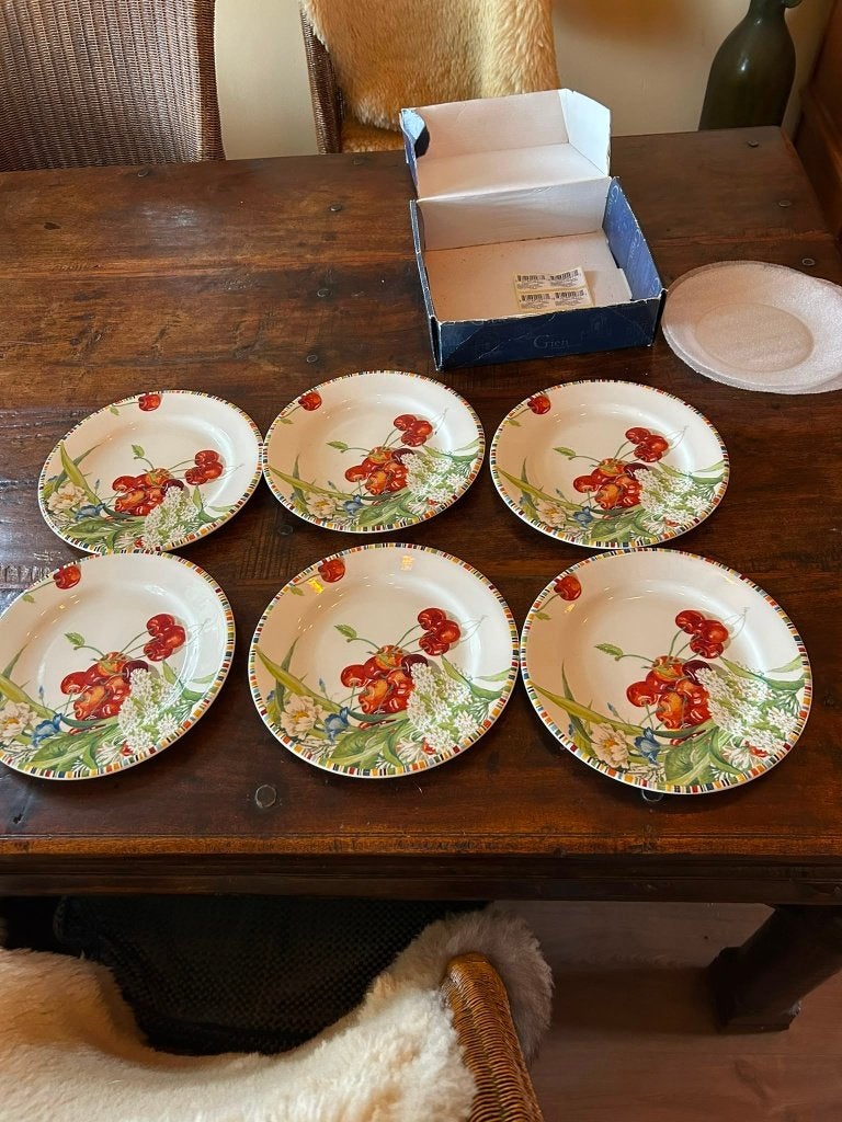 Compleet en ongebruikt Gien Cherry dessert borden 6 stuks, Overige merken, Vintage, Nieuw, Ophalen of Verzenden