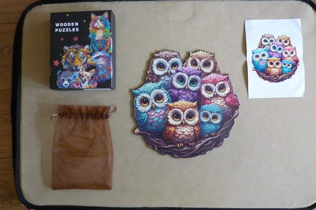 Houten puzzel (L) '' UILTJES IN NEST '' + Poster 144 st., Ophalen, Minder dan 500 stukjes, Zo goed als nieuw, Legpuzzel