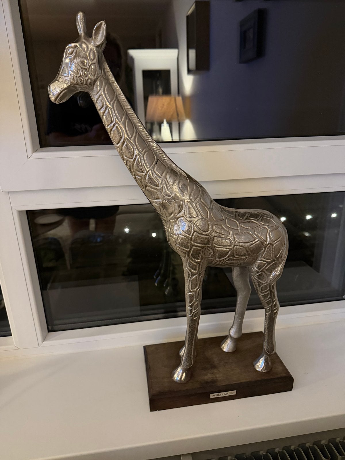 Zilverkleurige Giraffe Beeld op Houten Voet riviera maison, Ophalen, Zo goed als nieuw, Zilver, Metaal