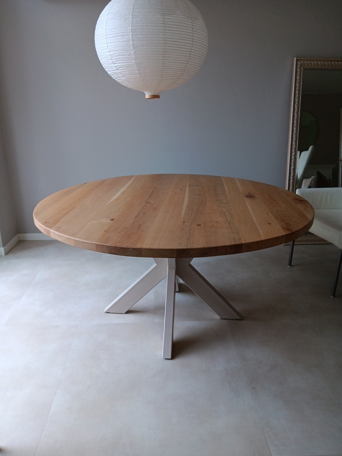prachtige naturel eiken eettafel met zandkleurige spinpoot., Huis en Inrichting, Tafels | Eettafels, Ophalen, 150 tot 200 cm, Rond