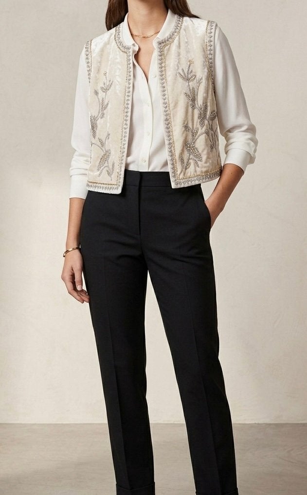 Witte fluwelen gilet met borduursel en zilveren pailletten, Overige typen, Wit, Nieuw, Ophalen of Verzenden