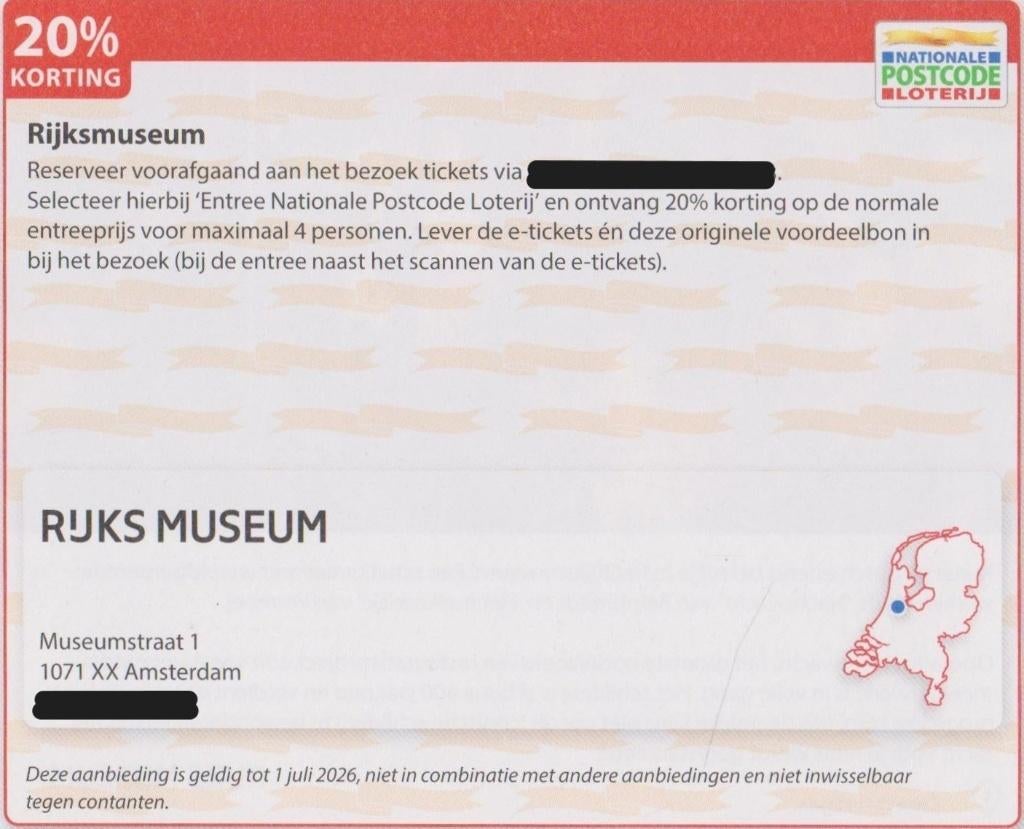 Rijksmuseum Amsterdam, 20% korting. Postcodeloterij bon., Tickets en Kaartjes, Musea, Drie personen of meer, Kortingskaart