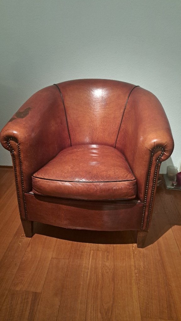 Schapenleren fauteuil, Huis en Inrichting, Ophalen, Gebruikt, 50 tot 75 cm, Hout