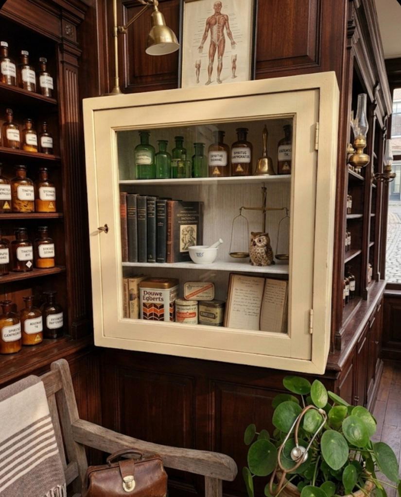 Oud wandkastje vitrinekastje met originele sleutel, Antiek en Kunst, Curiosa en Brocante, Ophalen