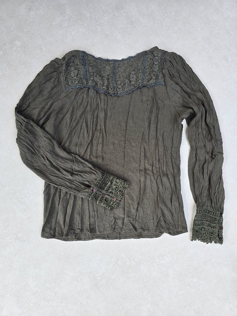 Cotton Club boho-blouse donkergroen met haakwerk, maat L, Maat 38/40 (M), Ophalen of Verzenden, Zo goed als nieuw, Cotton Club