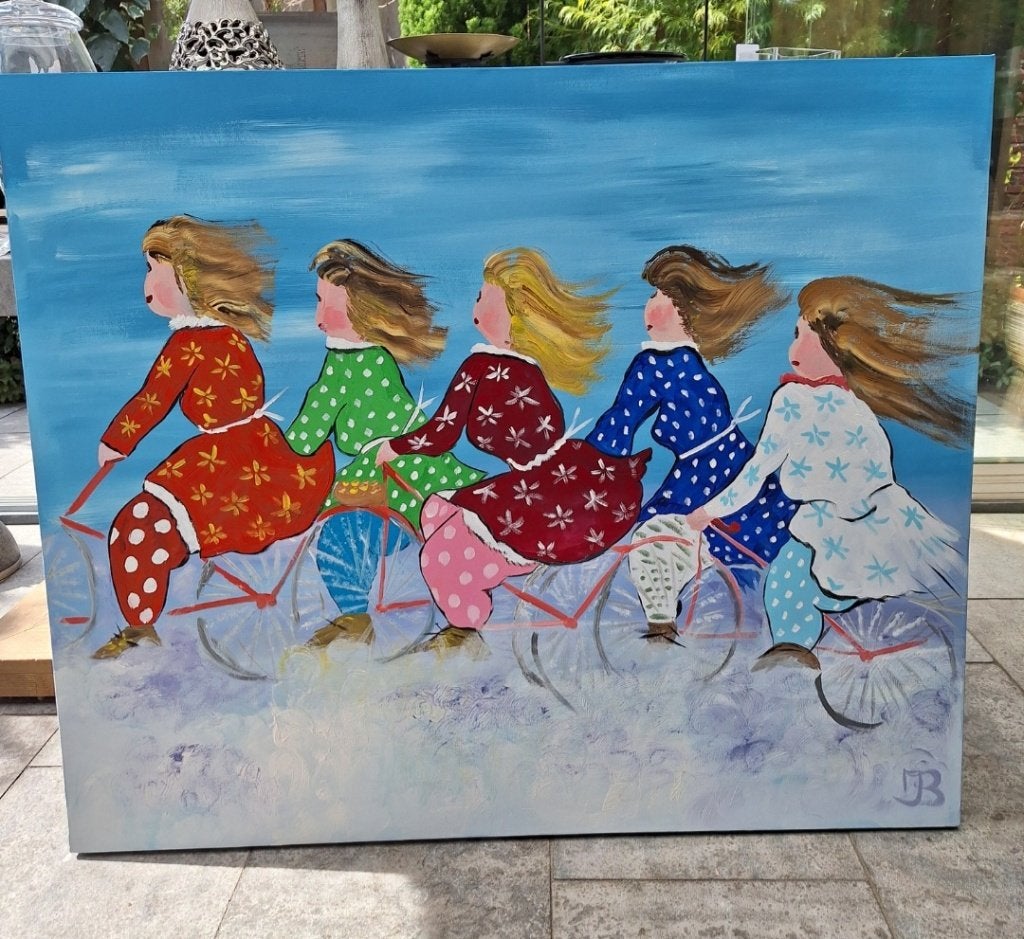 Schilderij, dikke dames op de fiets, Antiek en Kunst, Ophalen, Gelimiteerde oplage, Overige materialen, Figuren