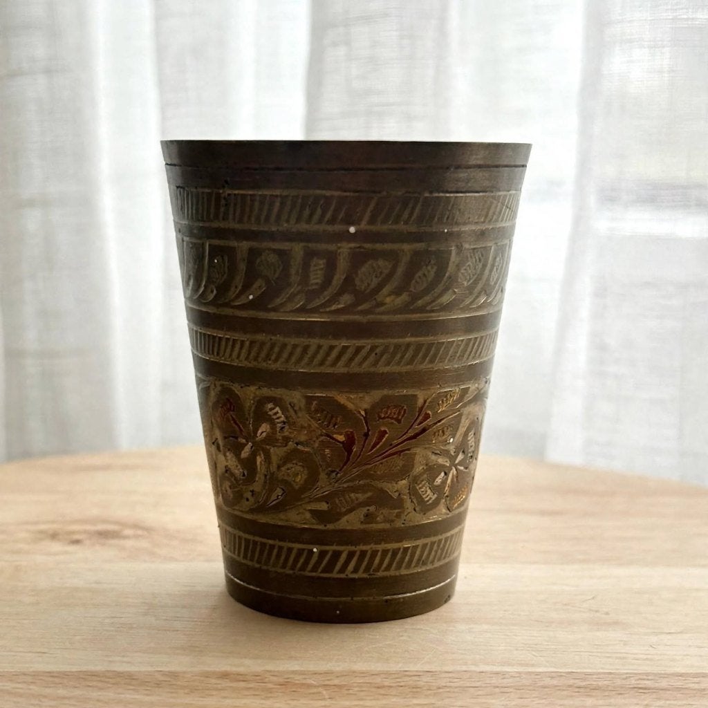 Vintage Mini Messing Beker India - Handgegraveerd Bloemen, Ophalen of Verzenden