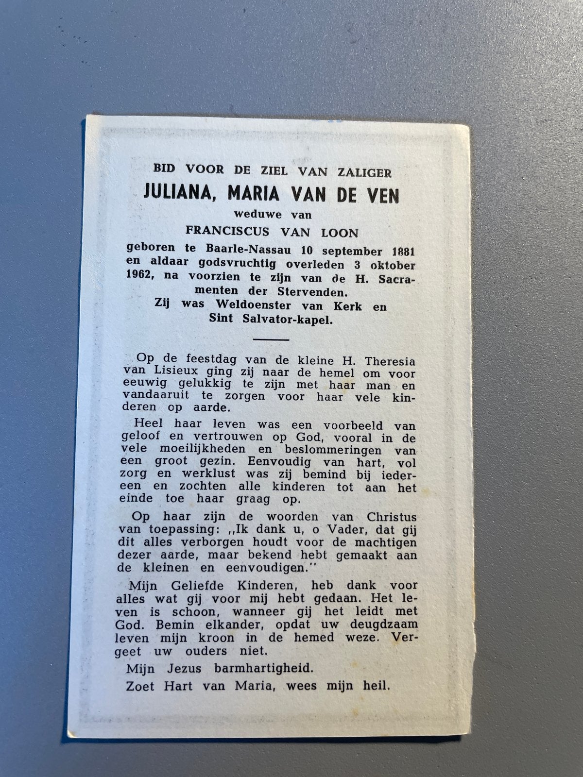 Bidprentje Juliana Maria de Ven, Antiek en Kunst, Antiek | Religie, Ophalen of Verzenden