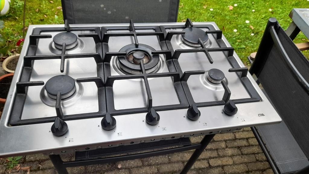 ETNA M750G RVS Gasfornuis - 5 Pitten 72x51 inb 57x54, Gebruikt, Ophalen of Verzenden, Gas, Vrijstaand