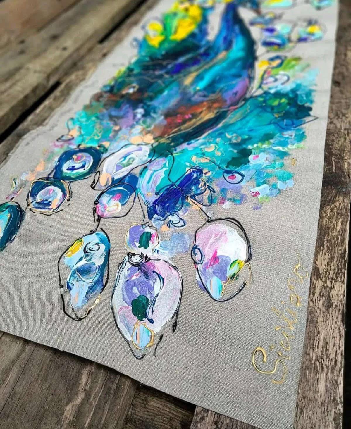 Trots als een Pauw ~ schilderij ~ linnen~ atelier, Ophalen of Verzenden, Nieuw, Minder dan 50 cm, Schilderij