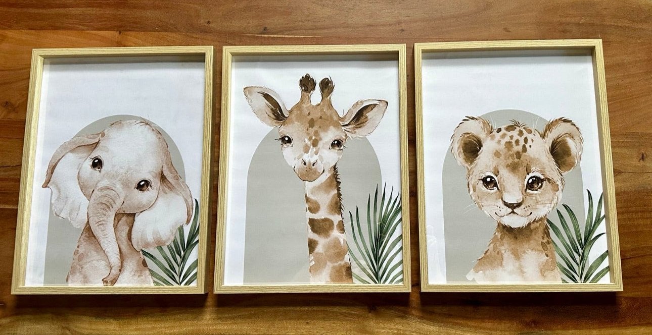 Drieluik Babykamer Posters A3 - Dierenprints met Lijsten, Minder dan 50 cm, Nieuw, Ophalen of Verzenden, Foto of Poster