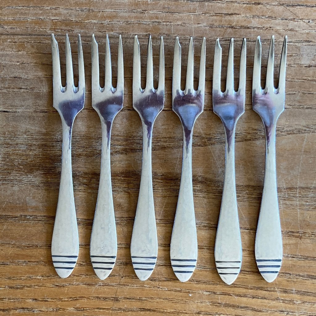 6 Vintage verzilverde hamerslag gebaksvorkjes taartvorkjes, Antiek en Kunst, Ophalen of Verzenden