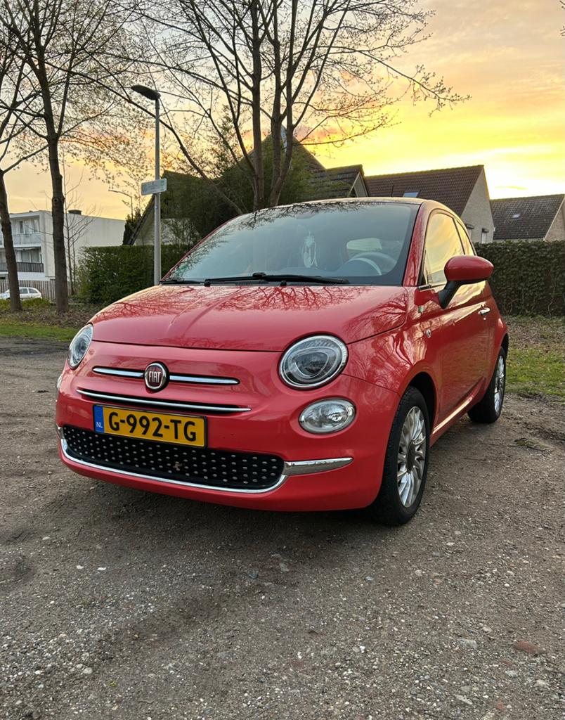 Fiat 500 1.2 2015 panorama dak 4 cilinder koraal rood, Auto's, Voorwielaandrijving, 1242 cc, 4 cilinders, 840 kg