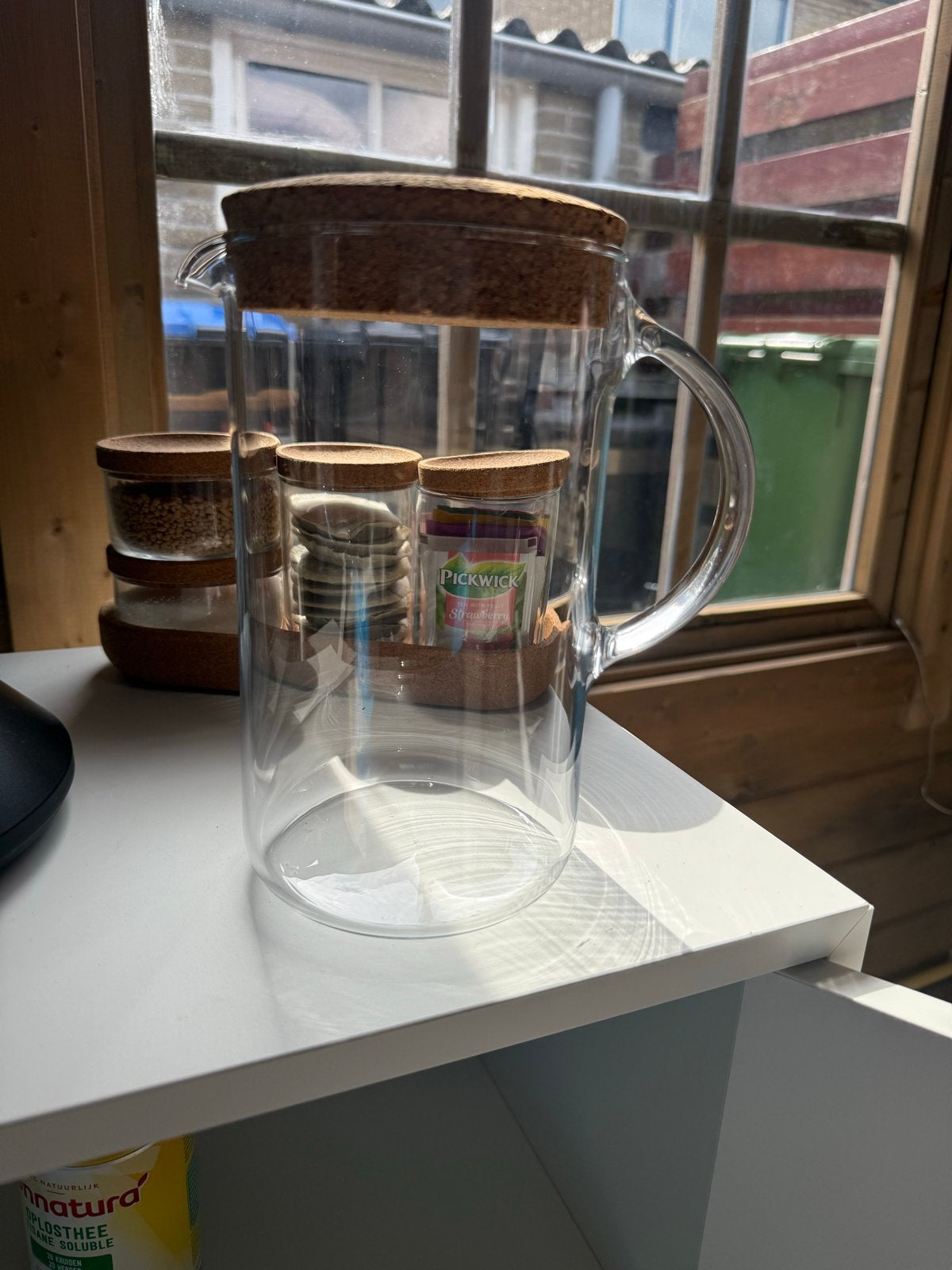 Glazen waterkan met kurken deksel, Overige typen, Ophalen, Zo goed als nieuw, Glas