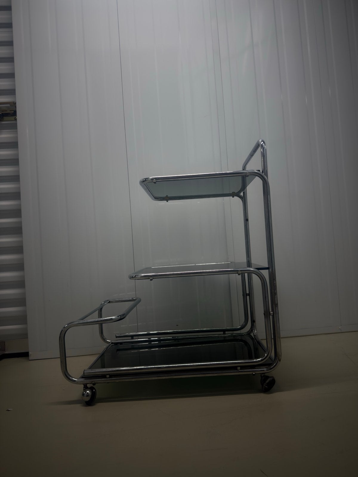 Vintage Mid-Century Bauhaus serveerwagen chroom en glas, Ophalen