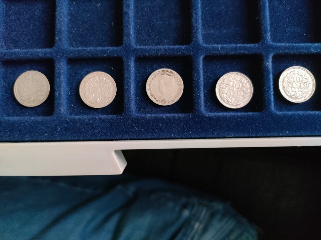 Zilveren dubbeltjes -- 1919, 1928 (2x), 1936, 1941, Postzegels en Munten, Munten | Nederland, Ophalen of Verzenden, Koningin Wilhelmina