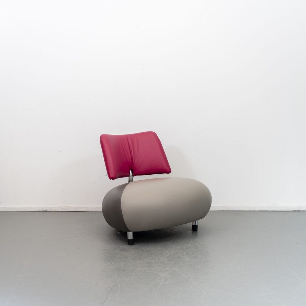 Leolux Pallone Fauteuil Donker/Lichtgrijs/Roze Leer, Niet ingevuld, Niet ingevuld, 75 tot 100 cm, Zo goed als nieuw