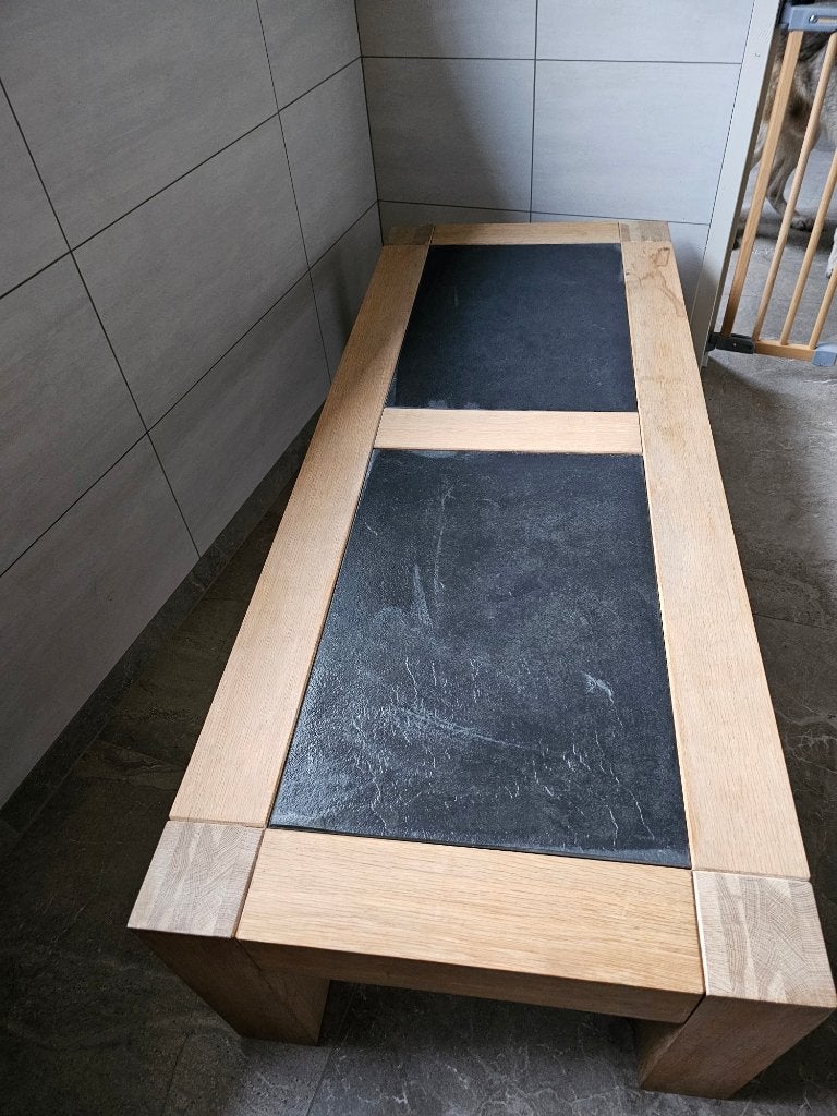Blankeiken salontafel met leisteen tegel 60x150, Huis en Inrichting, Ophalen, 100 tot 150 cm, Blank eiken, Eikenhout
