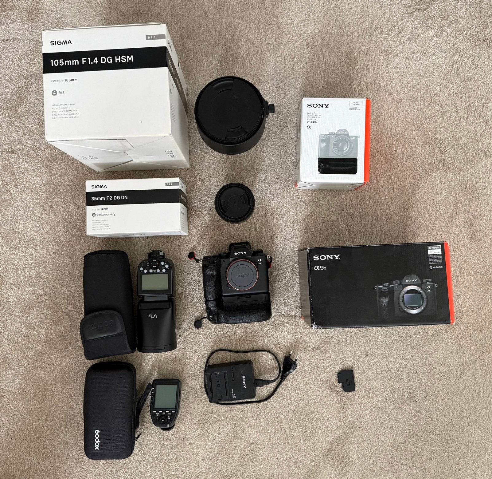 Sony A9 II + VG-C4EM | Sigma 35mm 2.0 & 105mm 1.4 | Godox, Ophalen of Verzenden, Zo goed als nieuw, Sony, Geen optische zoom