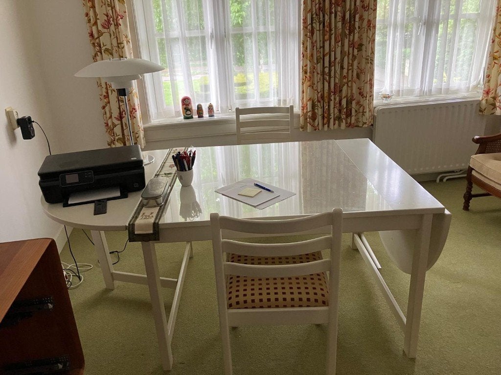 Ikea norden witte uitklaptafel wit glans incl 4 stoelen, Ophalen, Overige materialen, Gebruikt, Modern strak