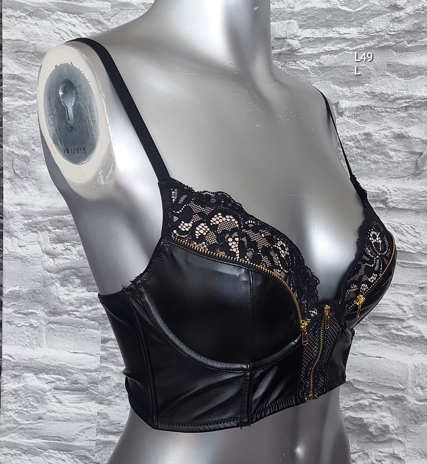 Kinky Zwarte Leren Look Kanten Bustier met Ritsen, Ophalen of Verzenden, Zwart, BH
