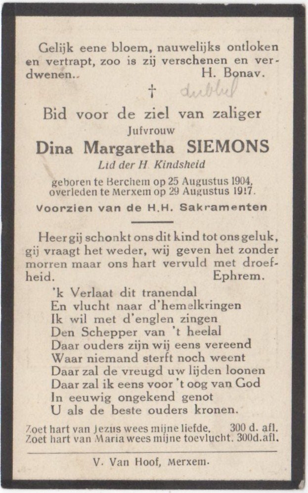 Dina M. Siemons 1904 Berchem + 1917 Merxem, 13 jaar oud, Ophalen of Verzenden