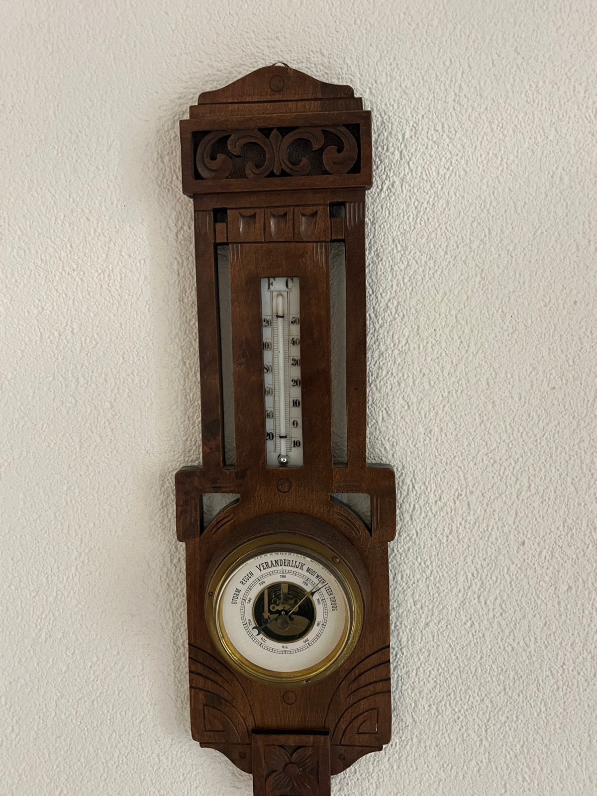 Antiek Houten Weerstation met Barometer en Thermometer, Ophalen, Gebruikt, Weerstation
