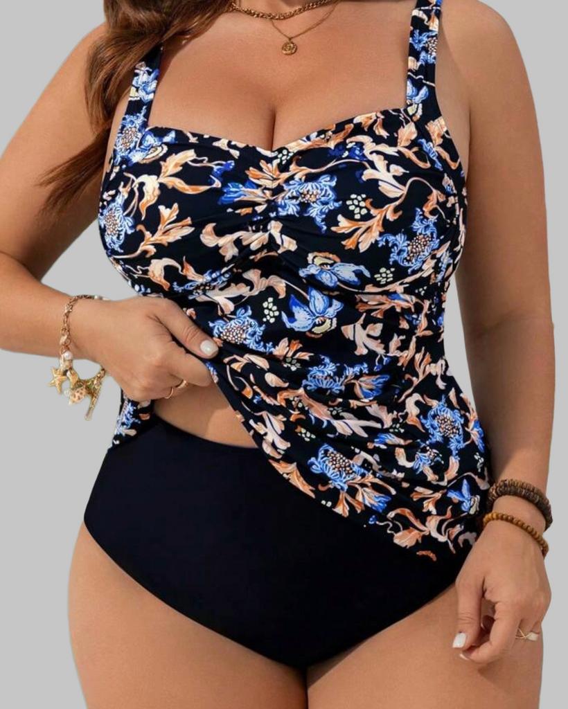 Bloemenprint Tankini Set - Zwart  (44-52), Kleding | Dames, Grote Maten, Nieuw, Lingerie of Zwemkleding, Zwart, Verzenden