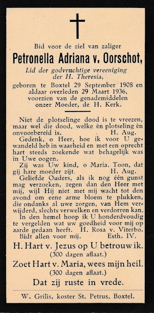 Oorschot Petronella 1908 Boxtel 1936, Verzamelen, Bidprentjes en Rouwkaarten, Ophalen of Verzenden, Bidprentje