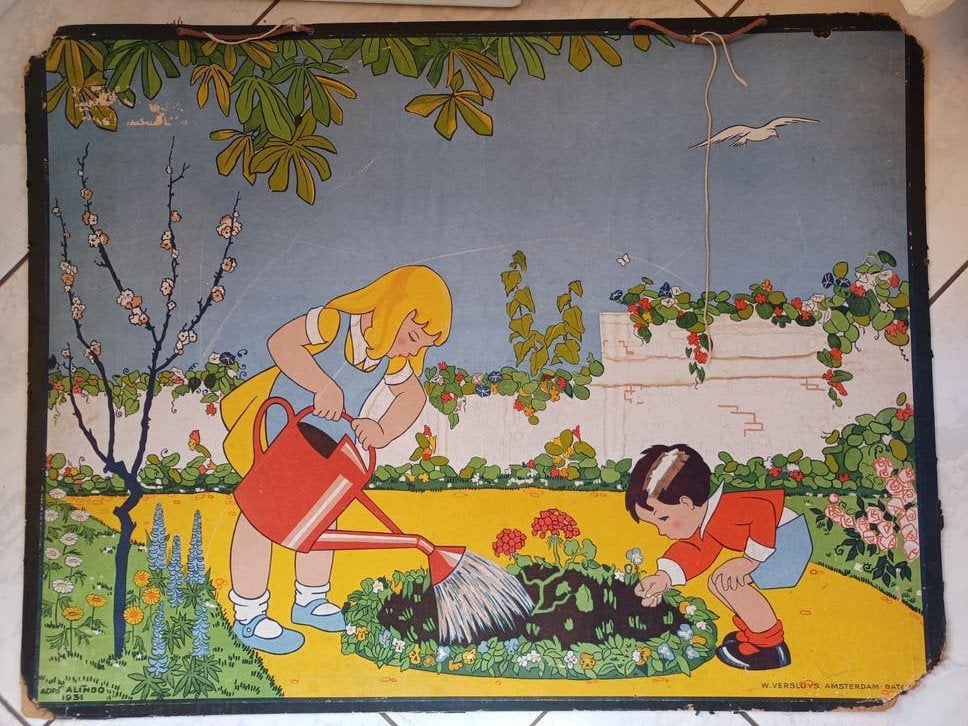 Vintage schoolplaat 'In de Tuin' door Adri Alindo (1931), Ophalen of Verzenden