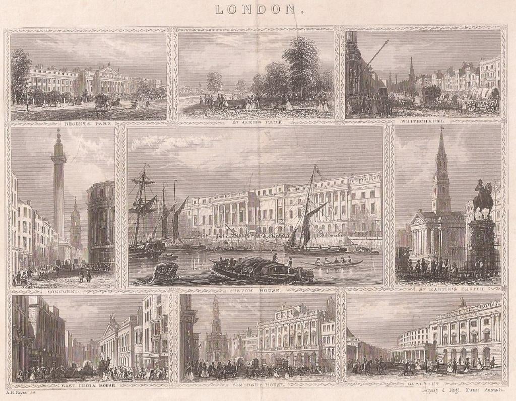 Londen ca. 1850 Blad 9 afb. Custom House Regents Park Monume, Origineel, 1800 - 1899, Stadsgezicht, Ophalen of Verzenden