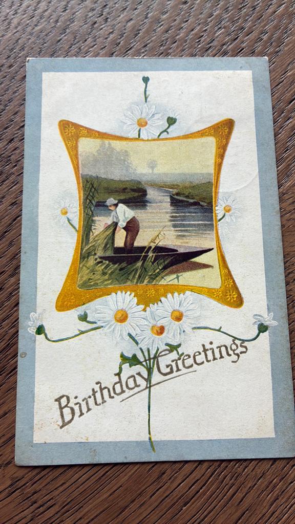 Verjaarsgroet. Tafereeltje landelijk bootje. Margrieten.1909, Ophalen of Verzenden, Voor 1920