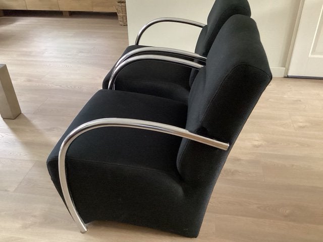 2 leuke zwarte stoffen fauteuils, Huis en Inrichting, Fauteuils, Ophalen, Gebruikt, Minder dan 75 cm, Stof