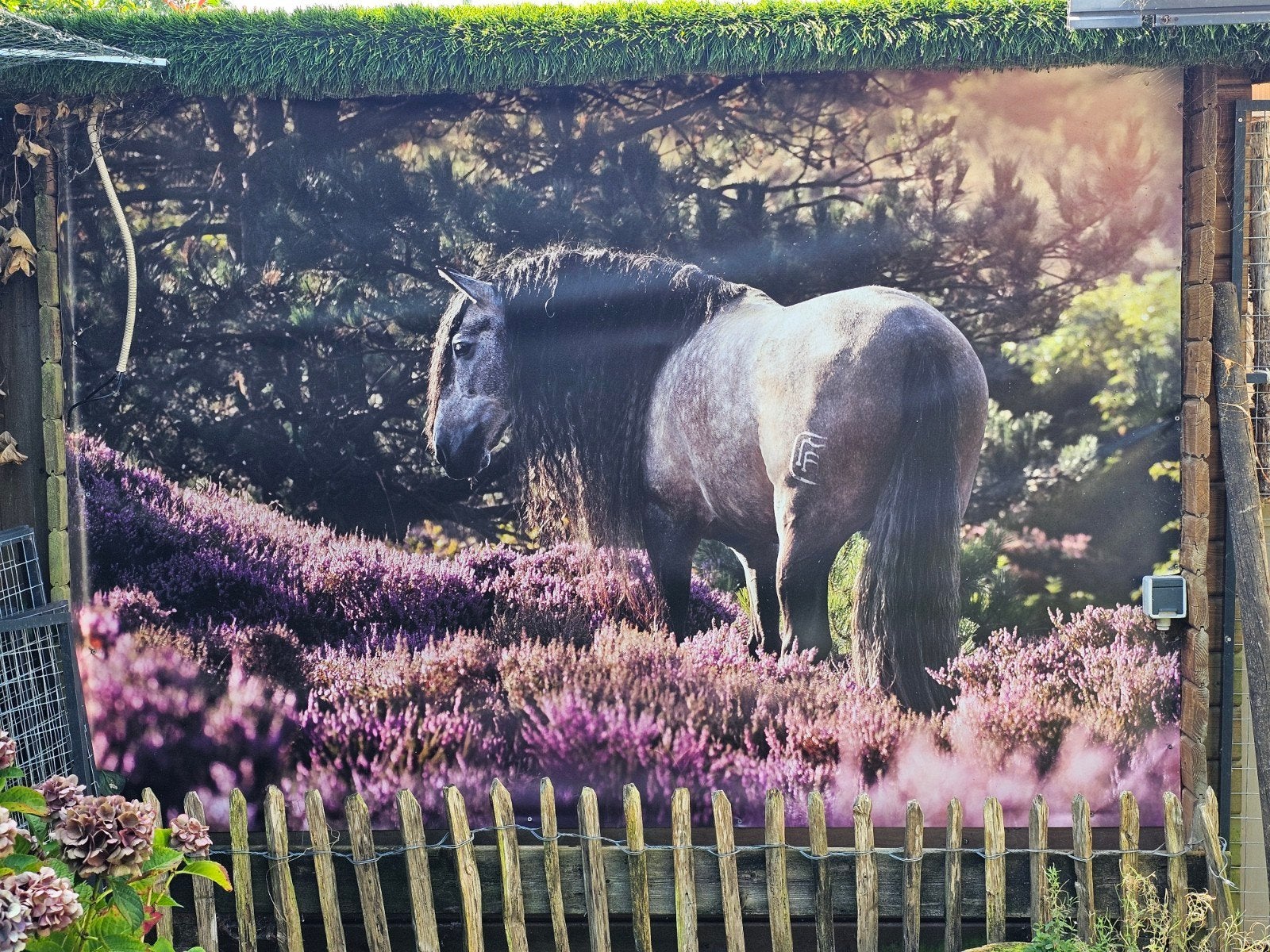 Tuinposter met Spaans Paard op de Heide - 2.20 x 1.60m, Tuin en Terras, Ophalen of Verzenden, Zo goed als nieuw