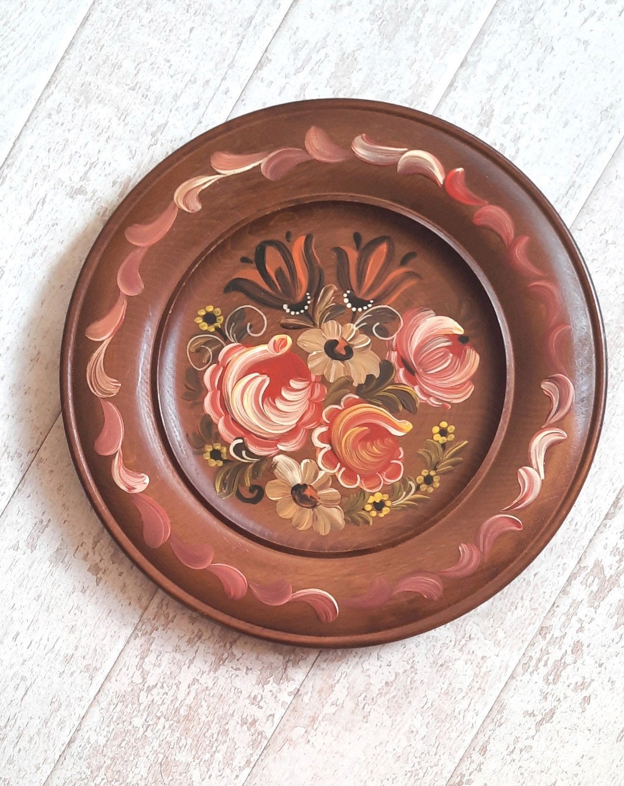 Houten wandbord handbeschilderd Rosemaling, Antiek en Kunst, Ophalen of Verzenden