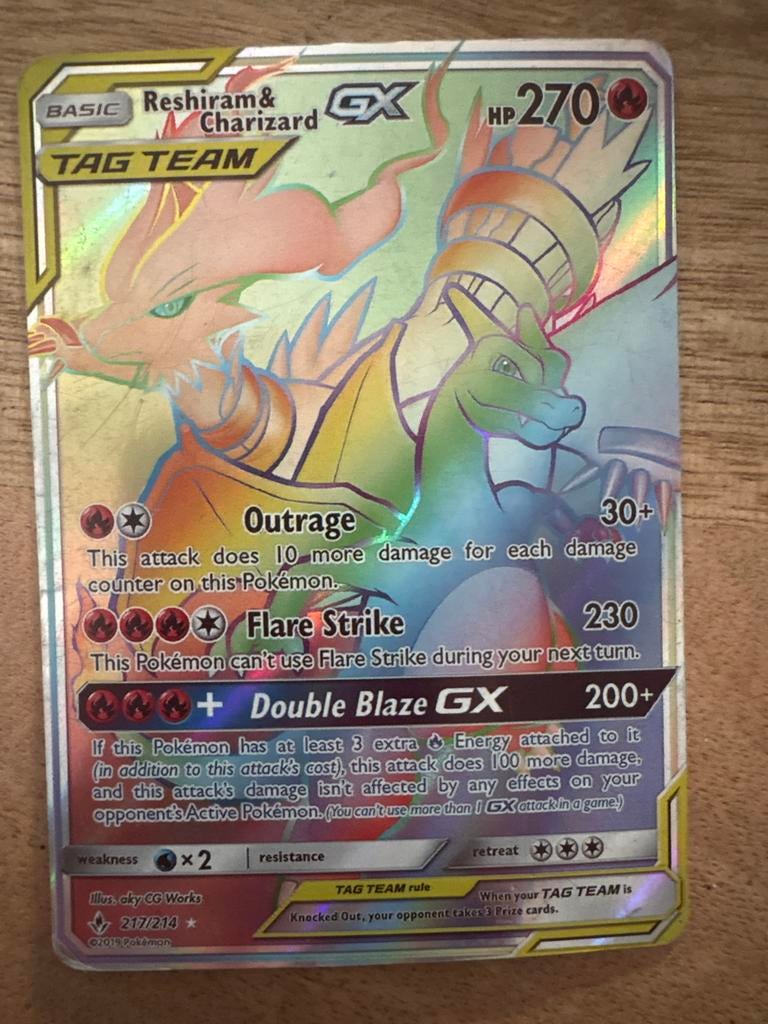 Pokemon kaart Reshiram & Charizard GX TAG TEAM Rainbow Rare, Ophalen, Zo goed als nieuw, Losse kaart, Foil