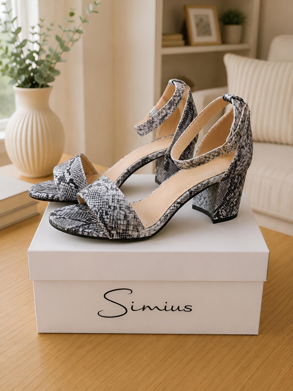 Simius Dames Sandalen met Hak – Grijs/Zwart Slangenprint, Nieuw, Grijs, Simius, Sandalen of Muiltjes
