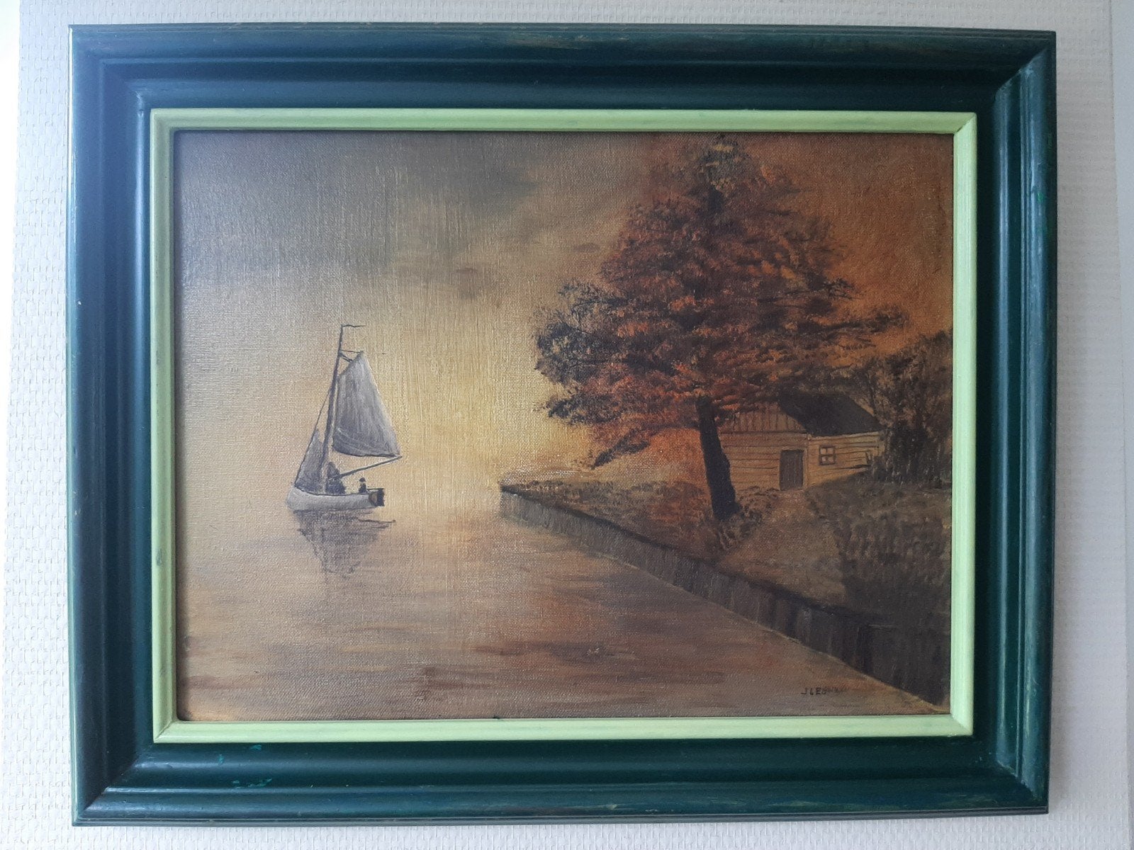 schilderij dorpsgezicht aan het water, Ophalen of Verzenden