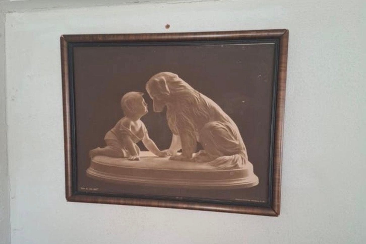 Vintage ingelijste foto: Baby en hond, Antiek en Kunst, Ophalen, Foto, Fotografie, Ingelijst