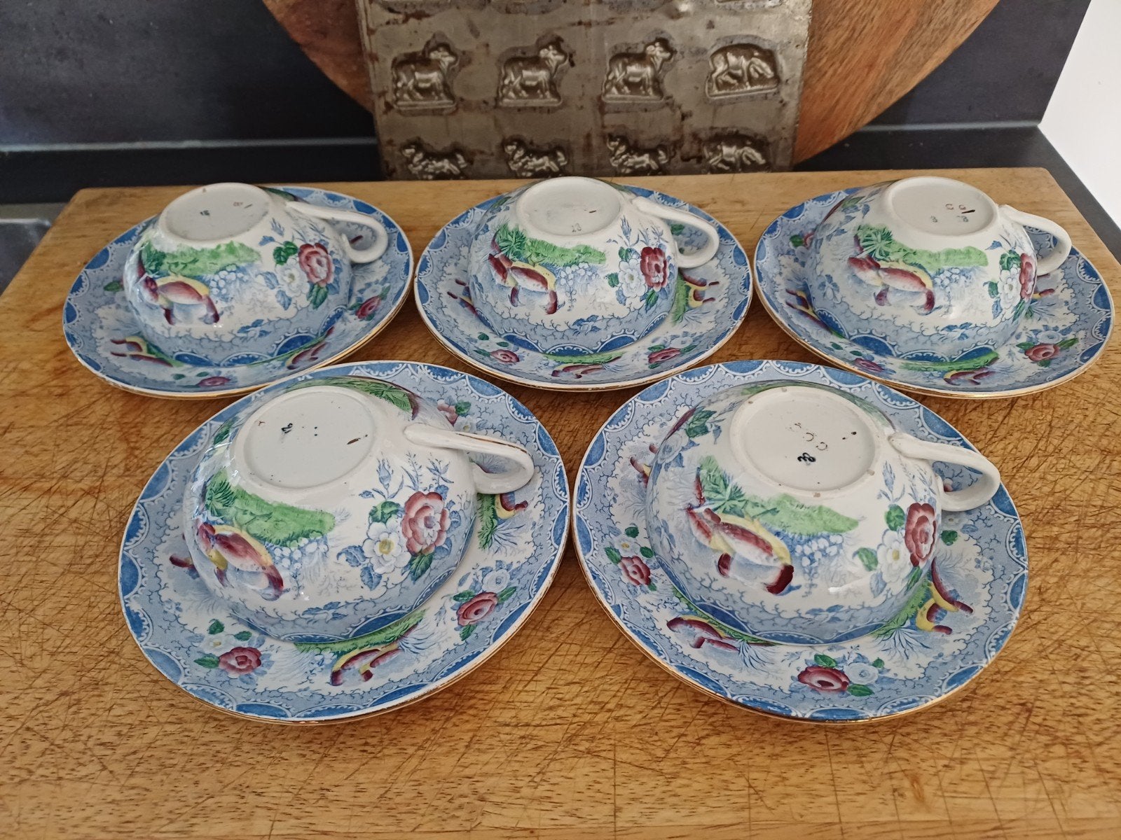 Antieke Franse Kop & Schotels Opaque de Sarregeumines Vogels, Antiek en Kunst, Ophalen of Verzenden