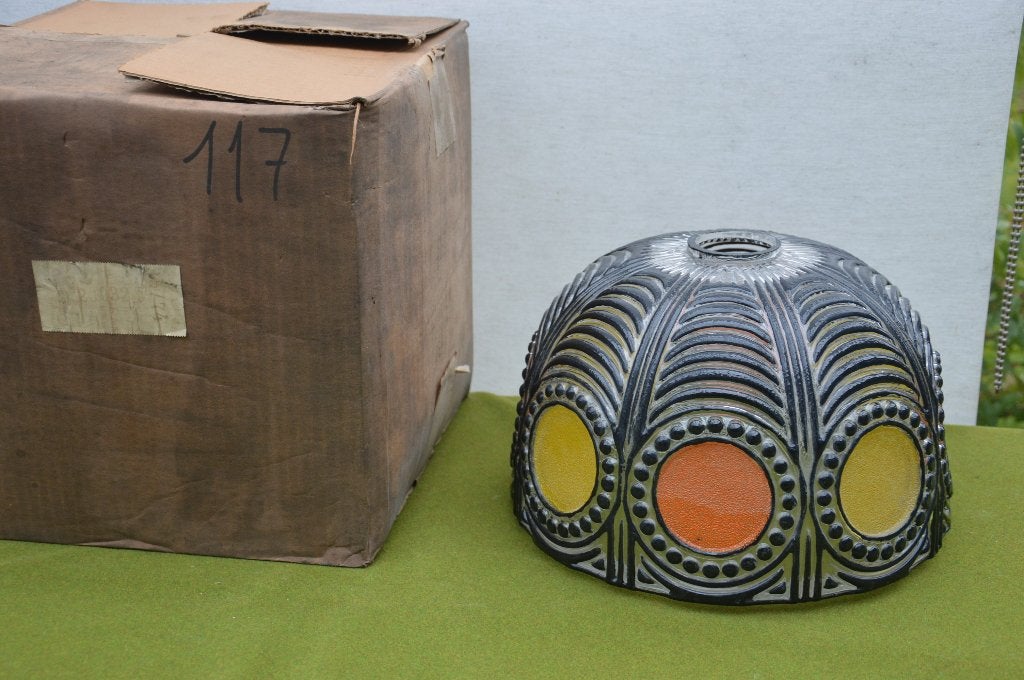 Originele vintage lampenkap van glas uit jaren 70 nog in doo, Meerkleurig, Zo goed als nieuw, Glas, Overige vormen